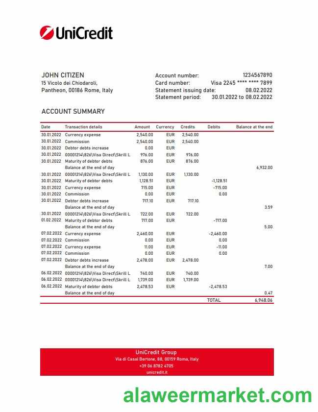 Italy Unicredit bank statement xls